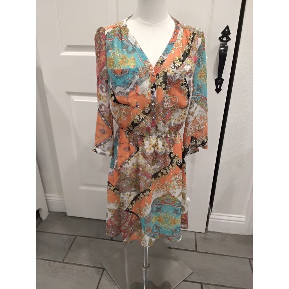 Umgee USA Women Paisley Scarf Print V-Neck Dress Orange Teal Boho 3/4 Sleeve M - Picture 2 of 8
